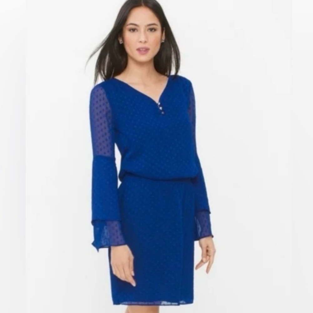 White House Black Market Cobalt Blue Swiss Dot Long Sleeve Boho Dress EB3